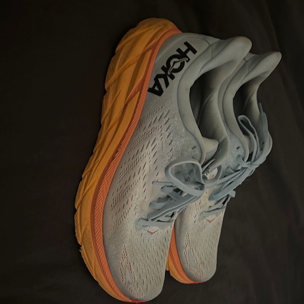 Hoka Clifton 8 in Sky Blue and Tangerine